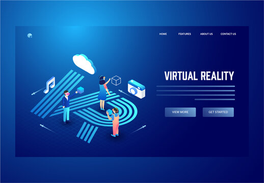 Virtual Reality Landing Page Design with People Wearing VR Glasses on Blue Background.