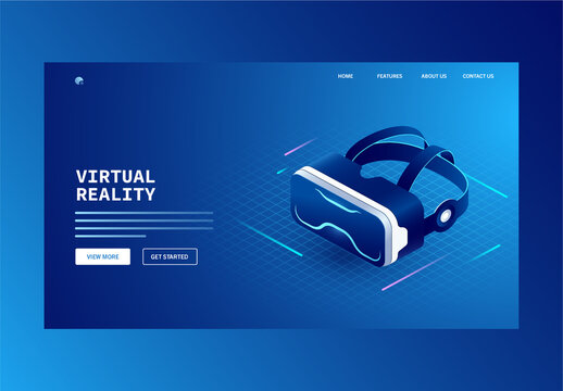 Virtual Reality Landing Page Design with 3D VR Glasses in Blue Color.