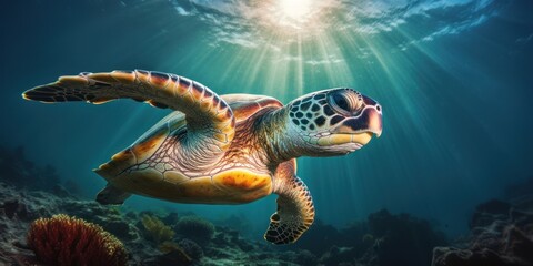 Fototapeta premium Sea turtle multicolored deep underwater is sunny rays. Ocean life, wildlife. Conservation species and population