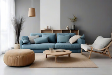 minimalist home interior design of modern living room, Blue sofa, recliner chair. Generative ai