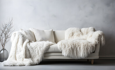 Cozy cute sofa with white fluffy sheepskin and cushions.