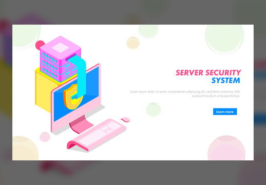 Server Security System Concept Based Landing Page with Isometric Desktop Connected by Data Server.