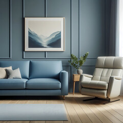 minimalist home interior design of modern living room, Blue sofa, recliner chair. Generative ai