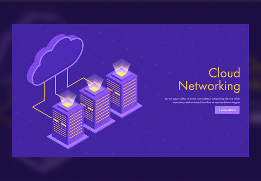 Responsive Landing Page Design, Isometric Cloud Connected with Three Server for Cloud Networking.
