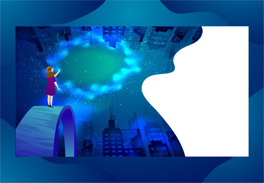 Responsive Landing Page Design, Young Girl Watching to Imaginary Galaxy Through VR Glasses with Urban View.