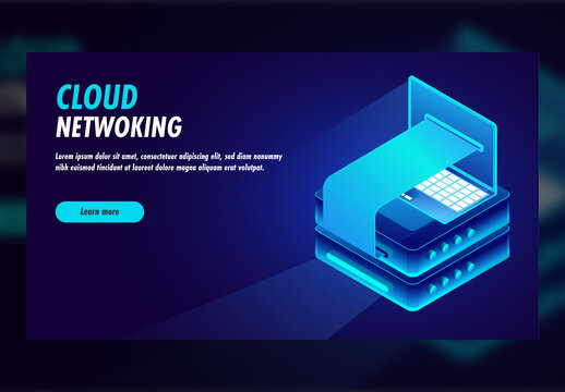 Responsive Landing Page Design, Isometric Laptop Connected Mini Servers on Blue Background For Cloud Networking
