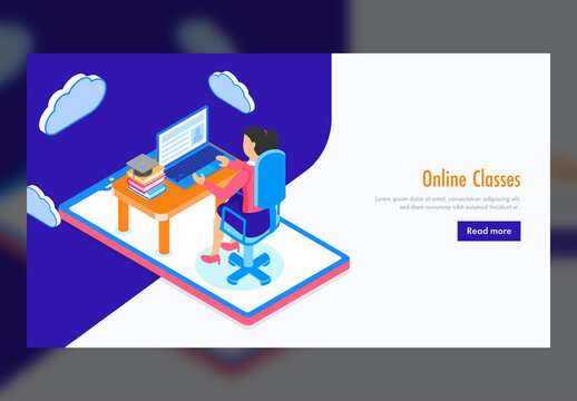 Online Classes Landing Page Design with Isometric View of Young Girl Studying Through Laptop on Smartphone Screen.