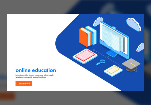 Online Education Concept Based Landing Page with Isometric E-Book in Desktop.