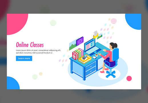 Responsive Landing Page Design with Isometric View of Girl Preparing Through Online Classes at Desk.