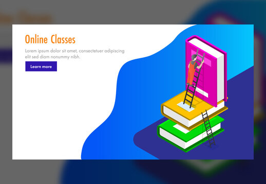 Online Classes Concept Based Landing Page with Young Boy Climbing Ladder on Isometric Books.