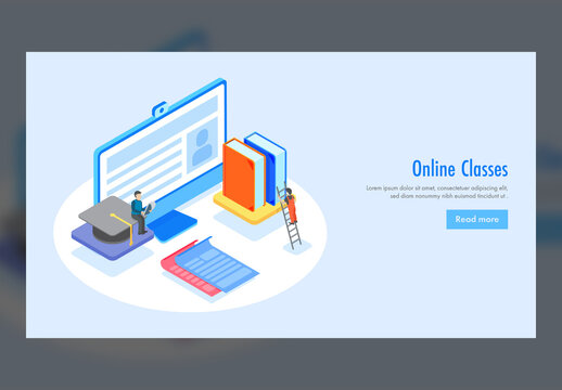 Online Classes Landing Page Design with Isometric Desktop, Books and Men Characters.