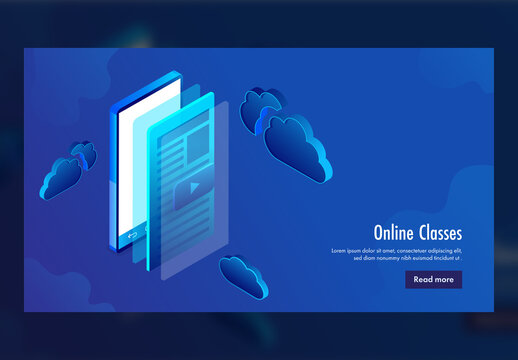 Online Classes Concept Based Landing Page with Isometric Video Play Screen in Smartphone and Clouds.