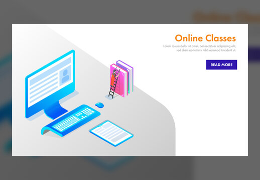 Online Classes Concept Based Landing Page with Isometric Desktop and Man Climbing at Books.