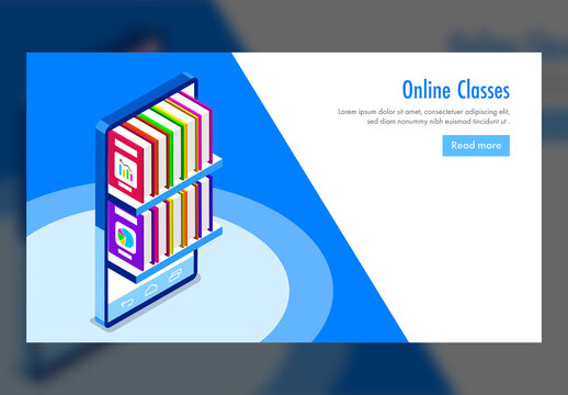 Online Classes Concept Based Landing Page with Isometric E-Library in Smartphone.