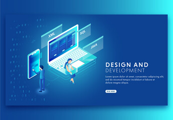 Isometric View of Developers Using Laptop and Smartphone, Programming Language Symbol for Design and Development Landing Page Design.