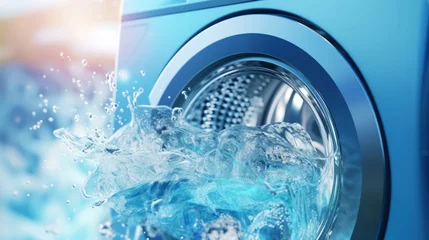Fotobehang Washing machine drum with water, closeup. Water splash with neon light. Generative AI © AngrySun