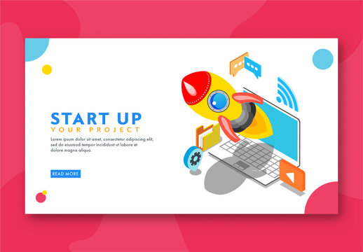 Startup Your Business Concept Based Landing Page with Launching a Successful Project of Rocket from Laptop.
