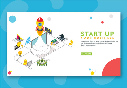 Startup Your Business Concept Based Landing Page with Launching a Successful Project of Rocket from Laptop and Connecting Wifi.
