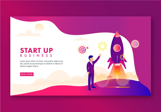 Startup Business Concept Based Landing Page with Businessman Launching a Successful Project of Rocket in Purple and White Color.