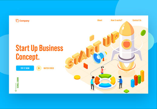 Startup Business Concept Based Landing Page with 3D Text, Rocket and Business People Maintain or Analysis Data.