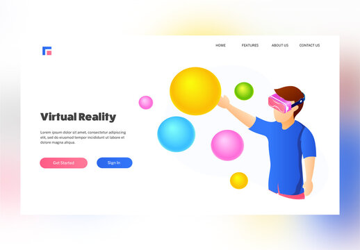 Virtual Reality Landing Page Design in White Color, Man Character Wearing VR Glasses Interact with Colorful Balls or Sphere.