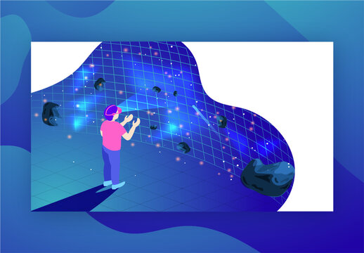 Virtual Reality Based Landing Page Design in Blue Color, Young Man Watching to Imaginary Outer Space Asteroid Through Vr Glasses.