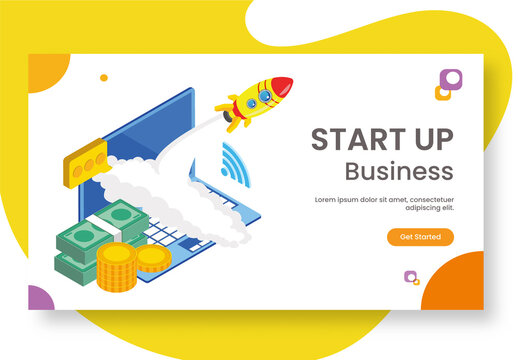 Start Up Business Concept Based Landing Page, Rocket Launching From Laptop with Money.