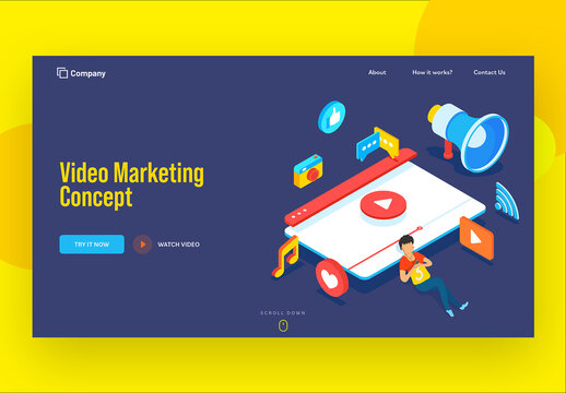 Video Marketing Concept Based Landing Page Design in Blue Color, Illustration of Man Operate All Things Through Phone to Social Media.