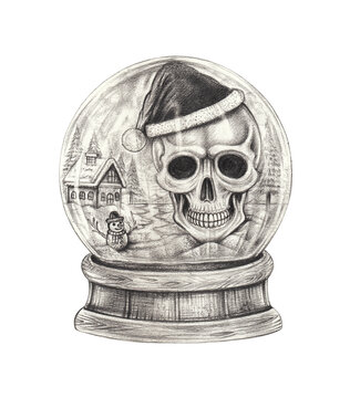 Snow globe santa claus christmas skeleton design by hand drawing on paper.
