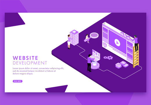 Web Development Concept Based Landing Page Design in Purple and White Color.
