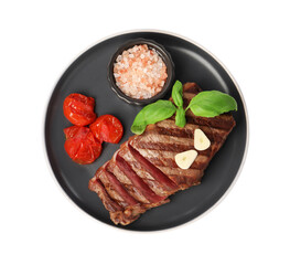 Delicious grilled beef steak with spices and tomatoes isolated on white, top view