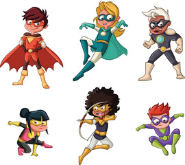 Cartoon children superheroes in colorfull comic costumes. Super heroes in action poses.
