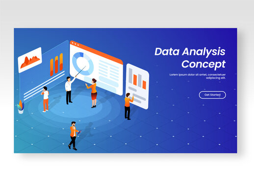 Isometric Illustration Of Business People Maintain Website For Data Analysis Concept Based Landing Page.