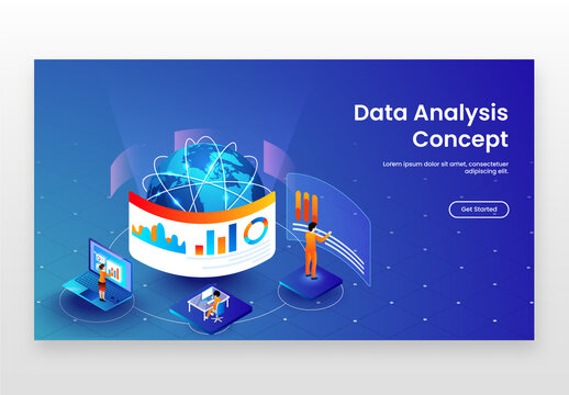 Isometric Illustration Of Business People Analysis Data With Global Networking For Data Analysis Concept Based Landing Page.