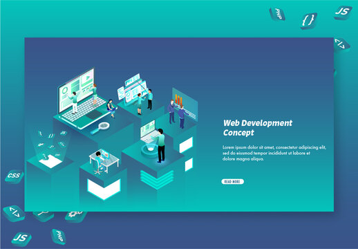 Isometric illustration of Business People Working on Different Platforms for Web Development Concept Based Landing Page.