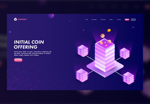 Initial Coin Offering (ICO) Concept Based Landing Page With Isometric Crypto Servers On Blue Plexus Array Background.
