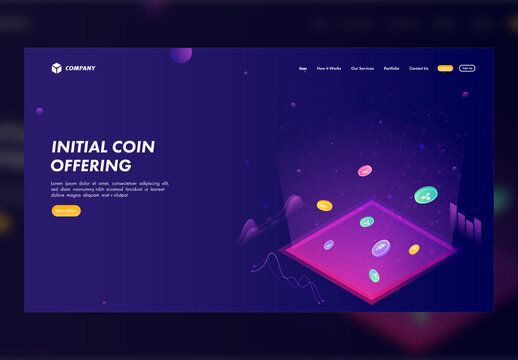 Initial Coin Offering (ICO) Landing Page, Multiple Cryptocurrencies Between Emerging Digital Rays with Infographic Elements.