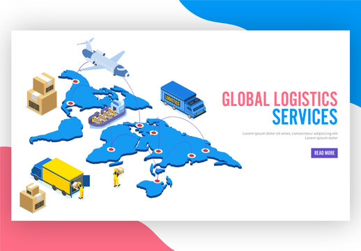 Global Logistics Services Based Landing Page with Showing Cargo Delivery Pointer on World Map.