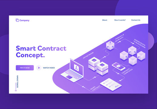 Hero Image or Landing Page Design With Isometric View Of Smart Contract Process Cycle.
