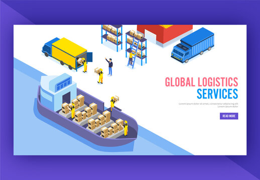 Global Logistics Service Concept Based Landing Page With Workers Loaded Packages in Various Vehicle.