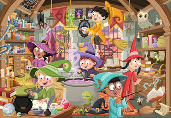 Cartoon wizard boys and witch girls working on witchcraft potion. Halloween costume.