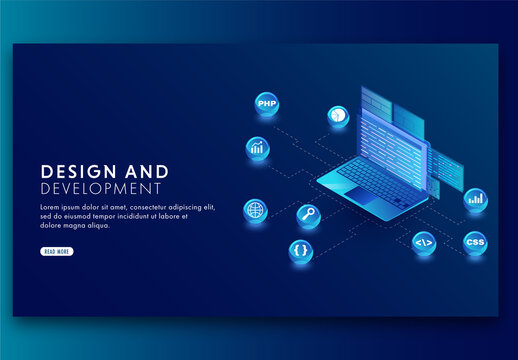 Design and Development Concept Based Landing Page with Isometric Laptop Connected Different Programming Languages Symbol.