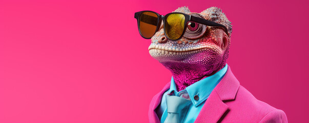 Funny lizard wearing a pink suit and glasses on red pink background. - obrazy, fototapety, plakaty