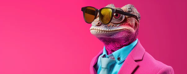Gordijnen Funny lizard wearing a pink suit and glasses on red pink background. © Alena