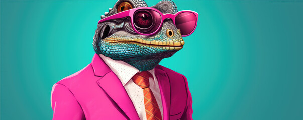 Funny lizard wearing a pink suit and glasses on red pink background.