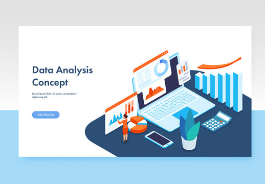 Data Analysis Concept Based Landing Page With Isometric View Of Woman Maintain Infographic Website And Laptop.