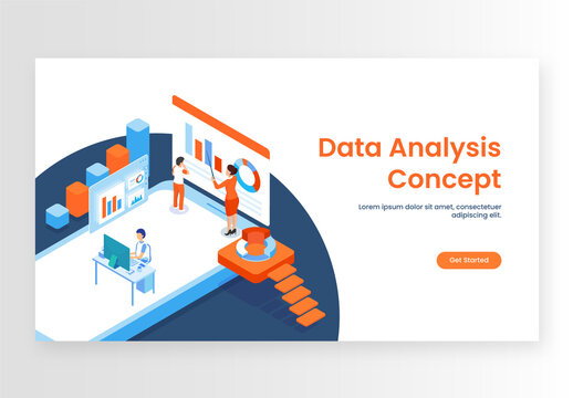 Data Analysis Concept Based Landing Page With Isometric Bar Graph, Business People or Analysts Analysis the Data on Smartphone Screen.