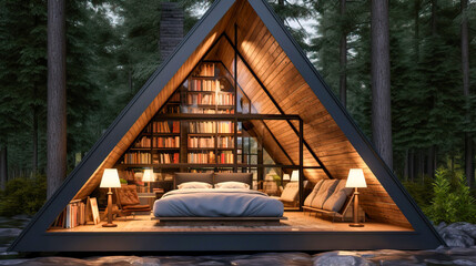 modern cabin with bedroom in a natural environment - obrazy, fototapety, plakaty