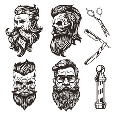 Barbershop illustrations set: bearded skulls, bearded men, razor, scissors and sign.