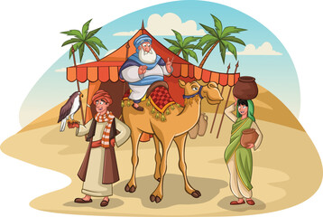 Cartoon arabic people in the desert. Sheik riding camel. Man with hawk.
